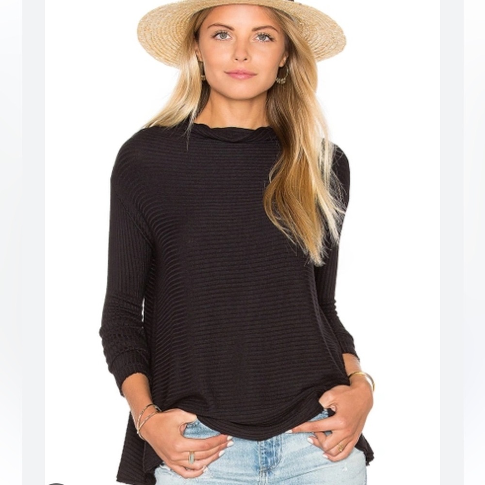 Free People Lover Ribbed Pullover Tunic Split Back Raw Hem Black Size Small